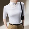A semi-high neck mesh base layer for women's 2024 new style, solid color, paired with a European-style small shirt for a stylish five-quarter sleeve top Application Scenario